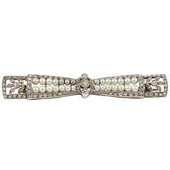 French Natural Pearl Diamond Bow Brooch