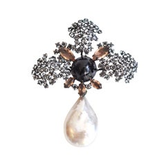 Vintage Crystal Brooch with Pearl Drop by Schreiner