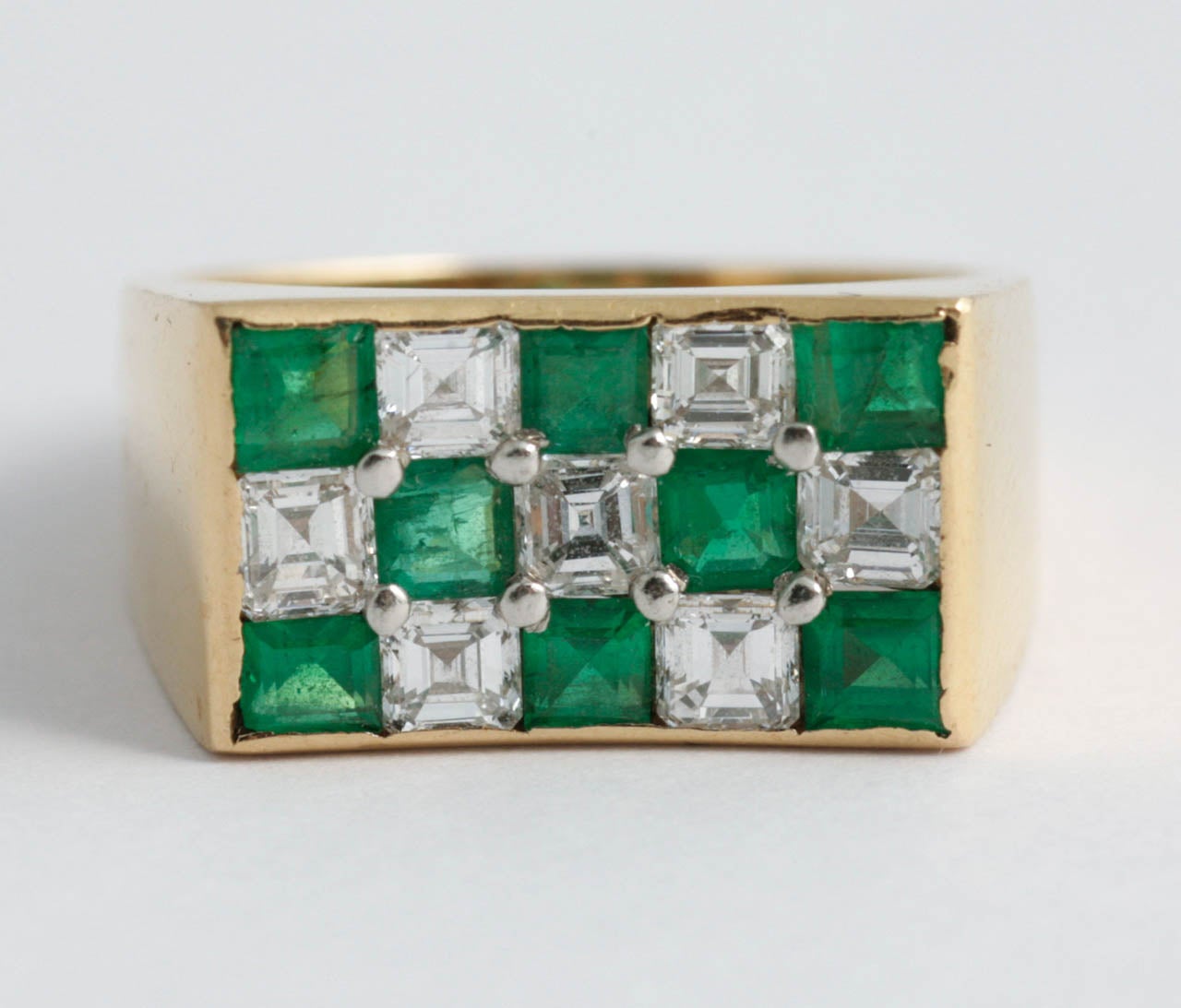 Emerald and Diamond ring set in Platinum and 18ct Gold in Checkerboard design
