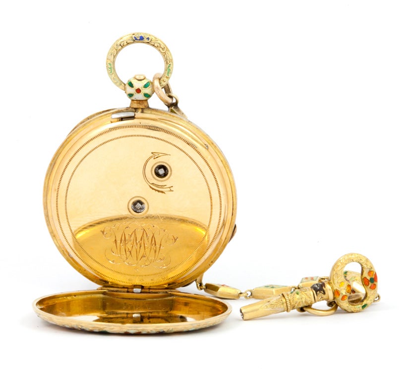 Exceptional French Gold Enameled Chatelaine Pocket Watch