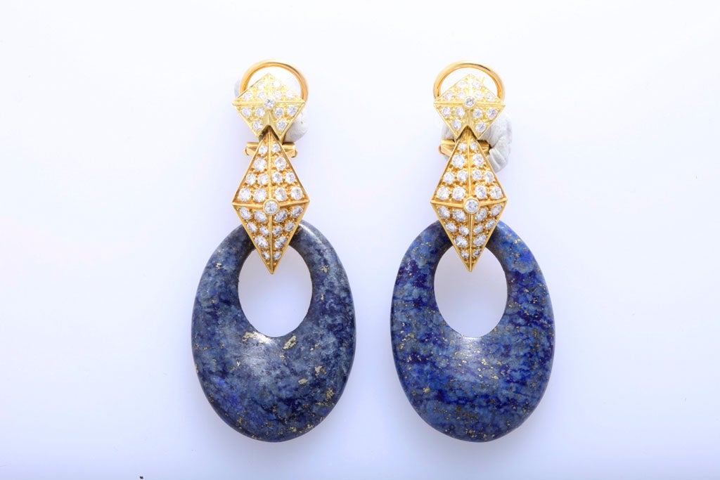 Pave Diamond drop Earrings with an oval Russsian Lapis Hoop. Ca. 1980. Signed w an S Monogram (unknown maker) & 18Kt. Beautifully made with very fine clean full cut & white diamonds.  The earring is able to have interchangable hoops, but none exist.