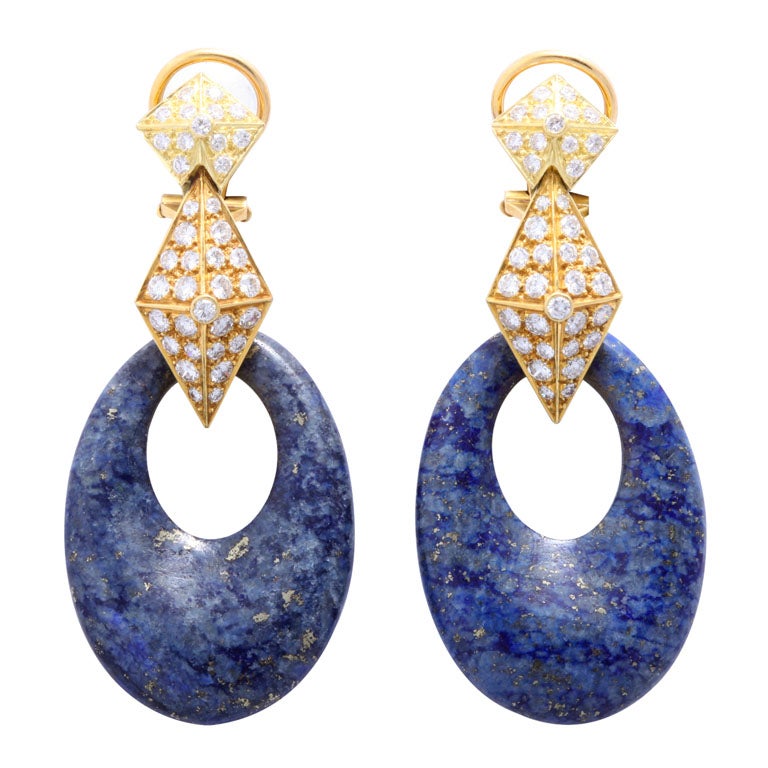 18kt Russian Lapis & Pave Diamond Drop Earrings