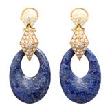 Vintage 18kt Russian Lapis & Pave Diamond Drop Earrings