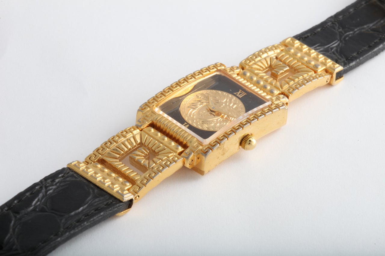 Gianni Versace Gold and Black Medusa Watch With Greca 1