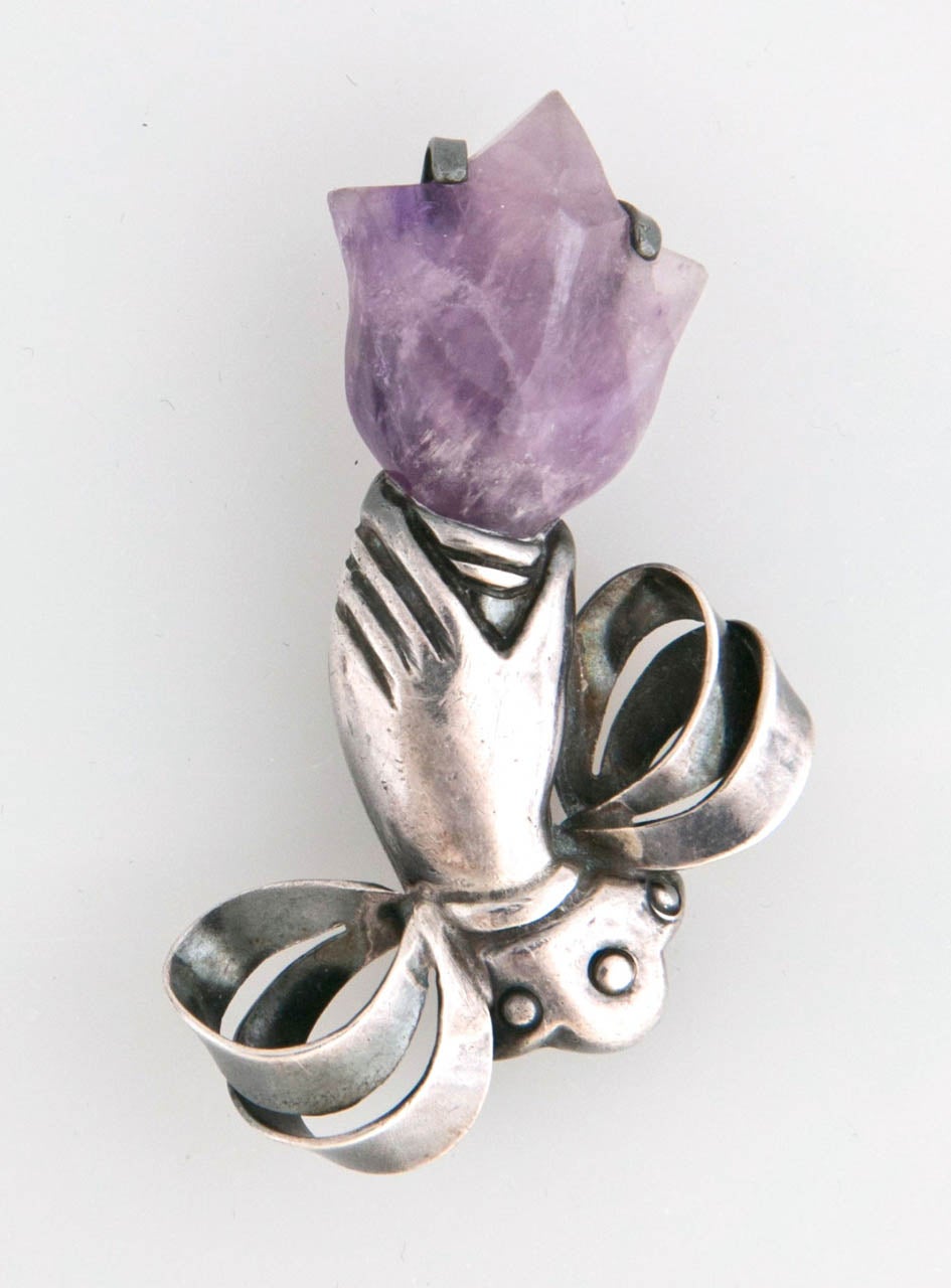 Women's William Spratling's Unmatched Pair of Amethyst Sterling Silver Pins For Sale