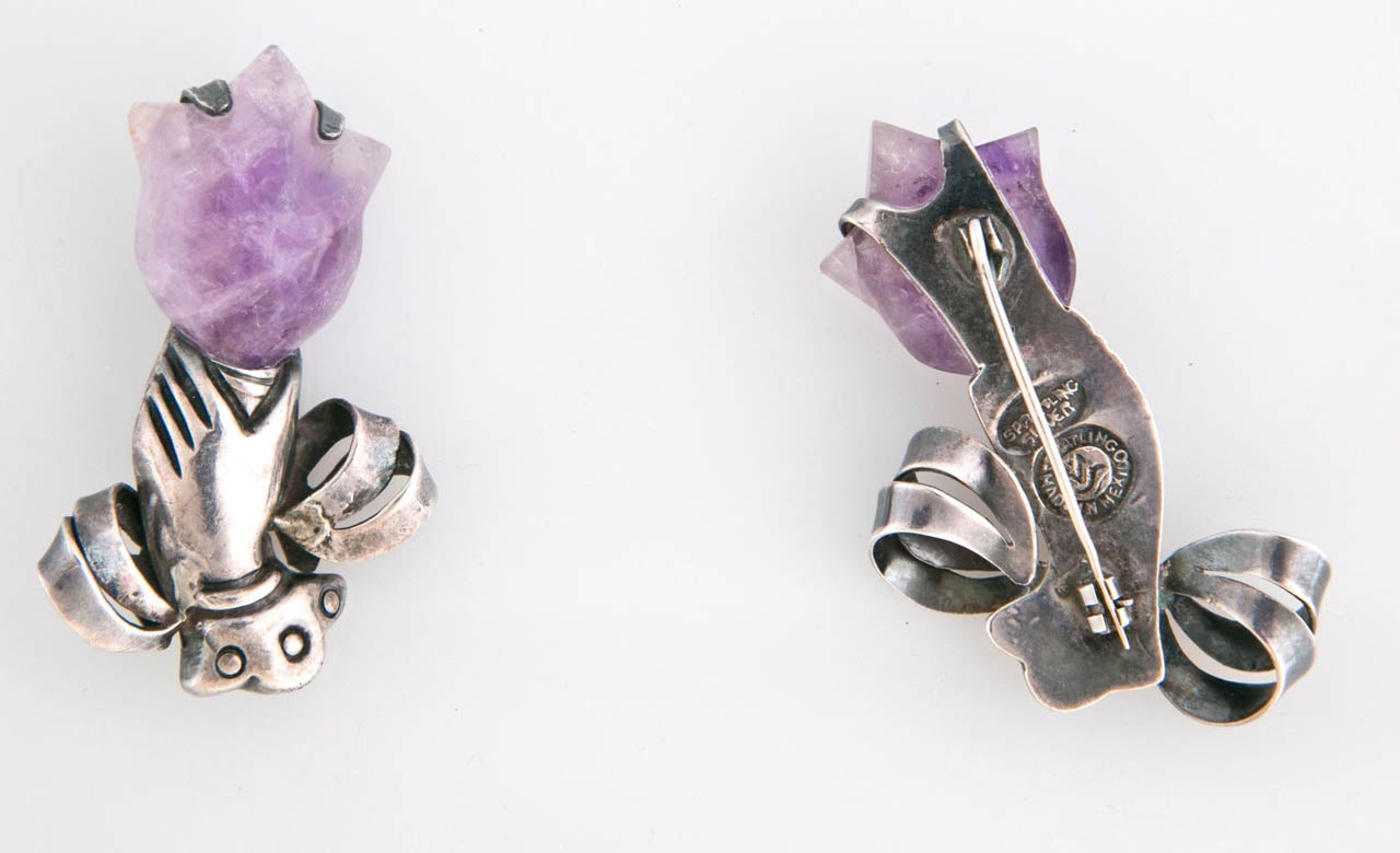 Contemporary William Spratling's Unmatched Pair of Amethyst Sterling Silver Pins For Sale