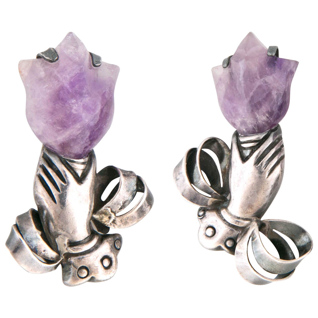 William Spratling's Unmatched Pair of Amethyst Sterling Silver Pins For Sale