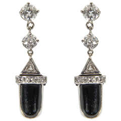 Vintage Black Onyx Diamond Gold Earrings