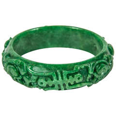 Vintage Exquisite Hand Carved Chinese Stylized Floral Scroll Design Stone Bangle