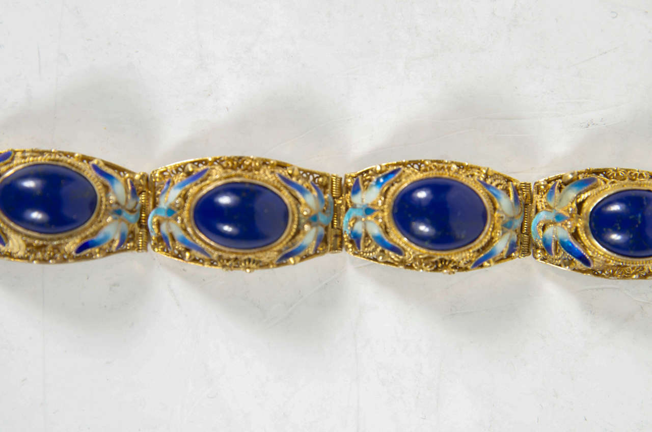 Chinese Enamel Lapis Gold Washed Sterling Bracelet In Excellent Condition In New York, NY