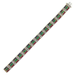 Retro Stunning Sapphire Emerald Ruby Diamond Gold Link Bracelet