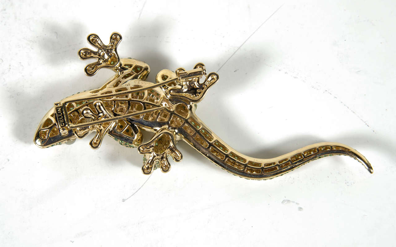 Cellini Glamorous Emerald Diamond Gold Salamander Brooch 1