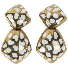 Vintage Modernist White Enamel Gold Drop Earrings