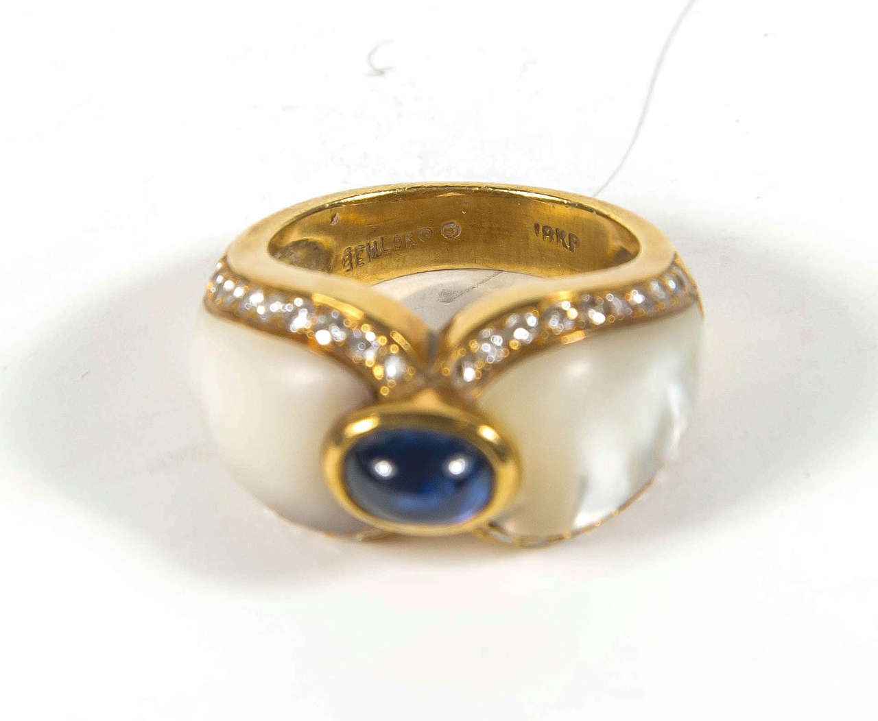 1990s Mother of Pearl Sapphire Diamond Gold Ring