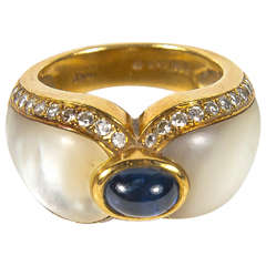 1990s Mother of Pearl Sapphire Diamond Gold Ring
