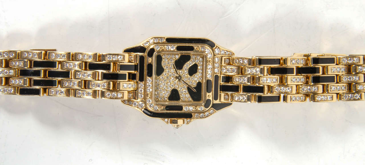 Art Deco Cartier Lady's Yellow Gold Black Enamel Diamond Panthere Wristwatch