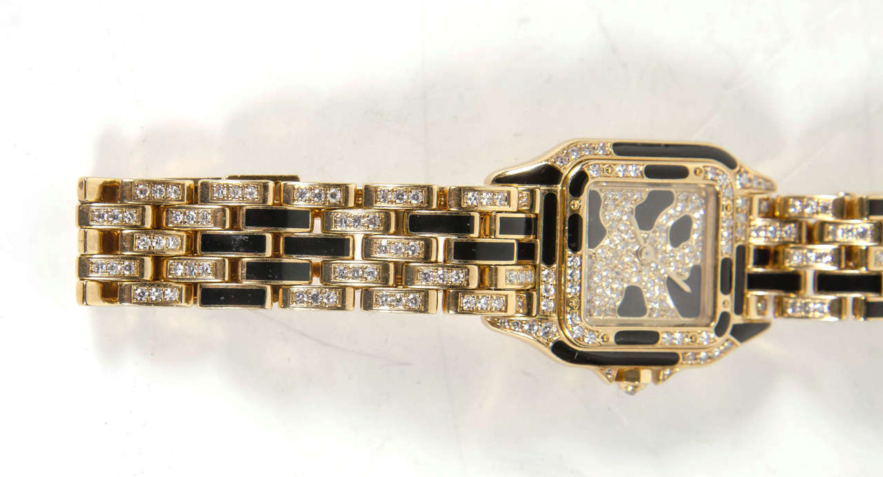 Cartier Lady's Yellow Gold Black Enamel Diamond Panthere Wristwatch In Excellent Condition In New York, NY