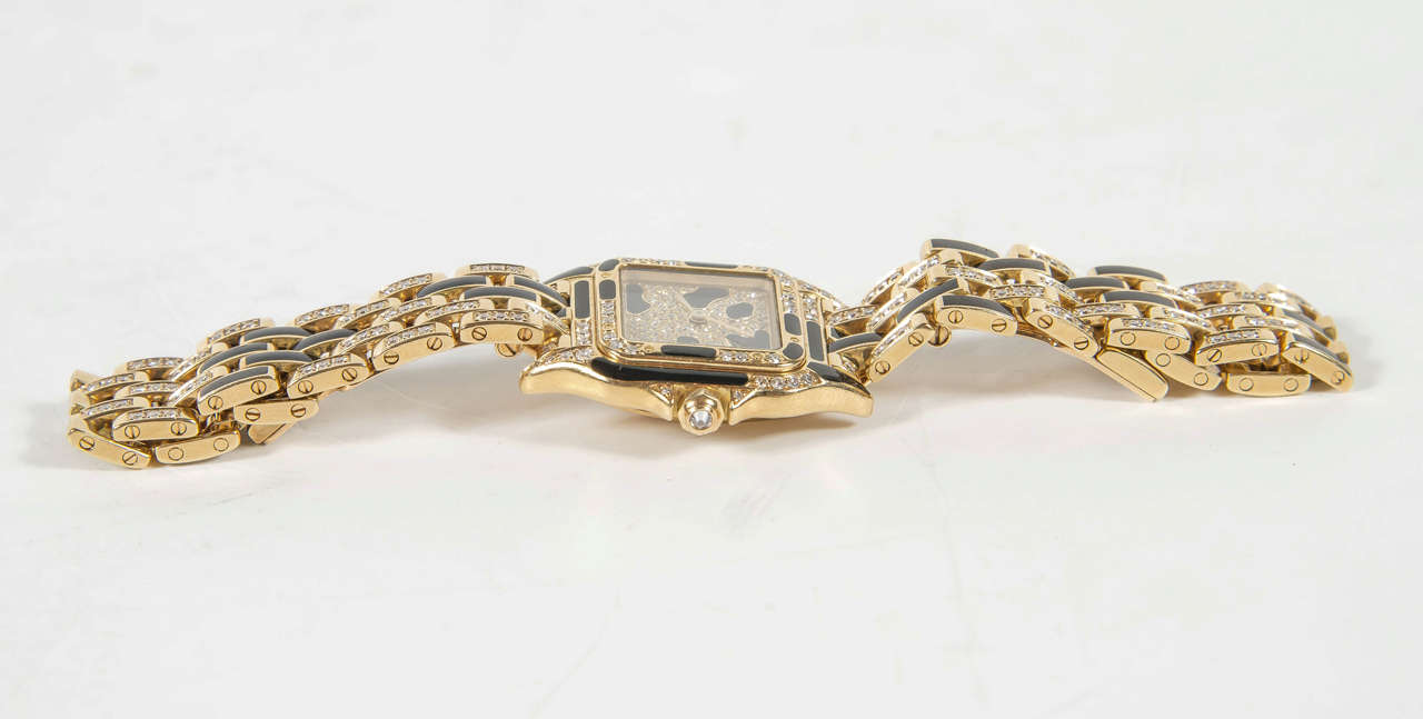 Women's Cartier Lady's Yellow Gold Black Enamel Diamond Panthere Wristwatch