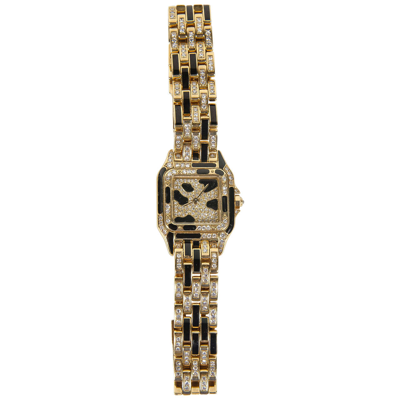 Cartier Lady's Yellow Gold Black Enamel Diamond Panthere Wristwatch