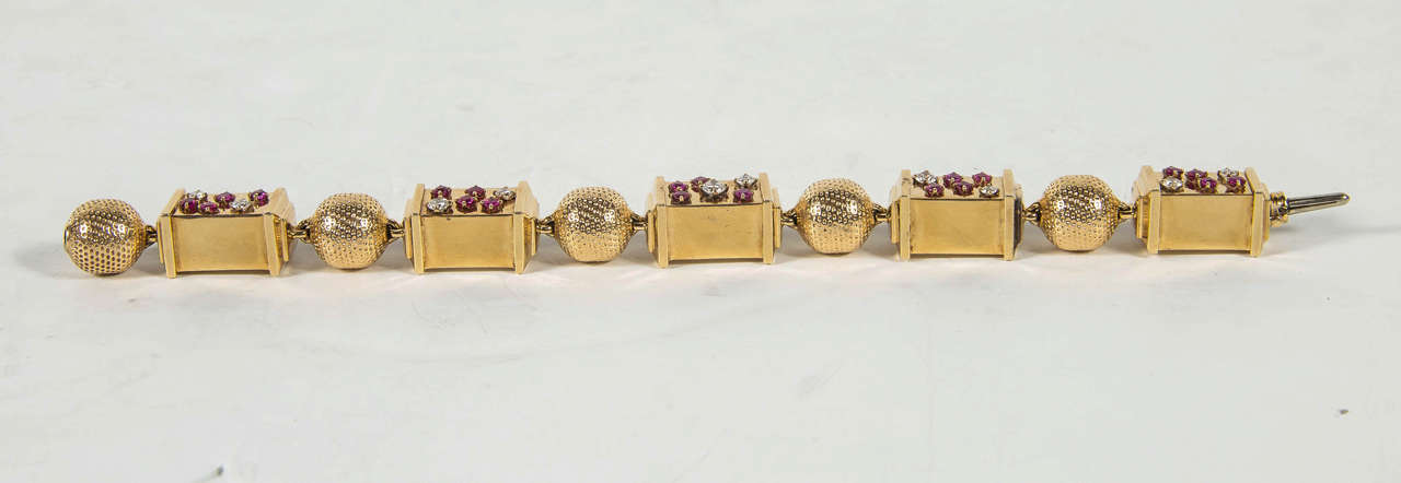 1940s Retro Ruby Diamond Rose Gold Link Bracelet 1