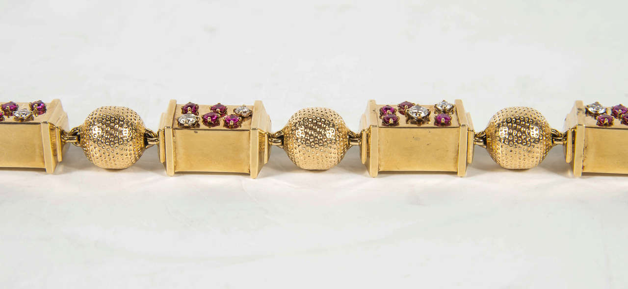 1940s Retro Ruby Diamond Rose Gold Link Bracelet 2