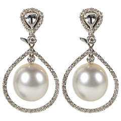 Elegant Pair of Hanging Pearl  Diamond Gold Earrings