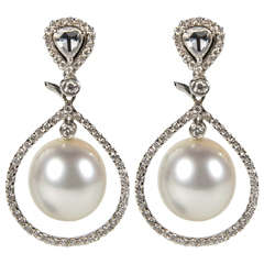 Elegant Pair of Hanging Pearl  Diamond Gold Earrings
