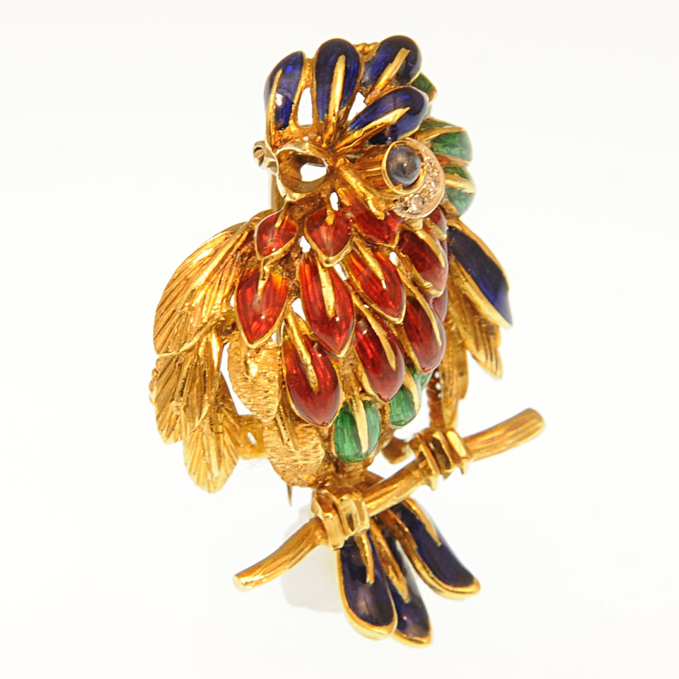 Women's or Men's Colorful Enamel & Diamond Gold Bird on Branch Brooch
