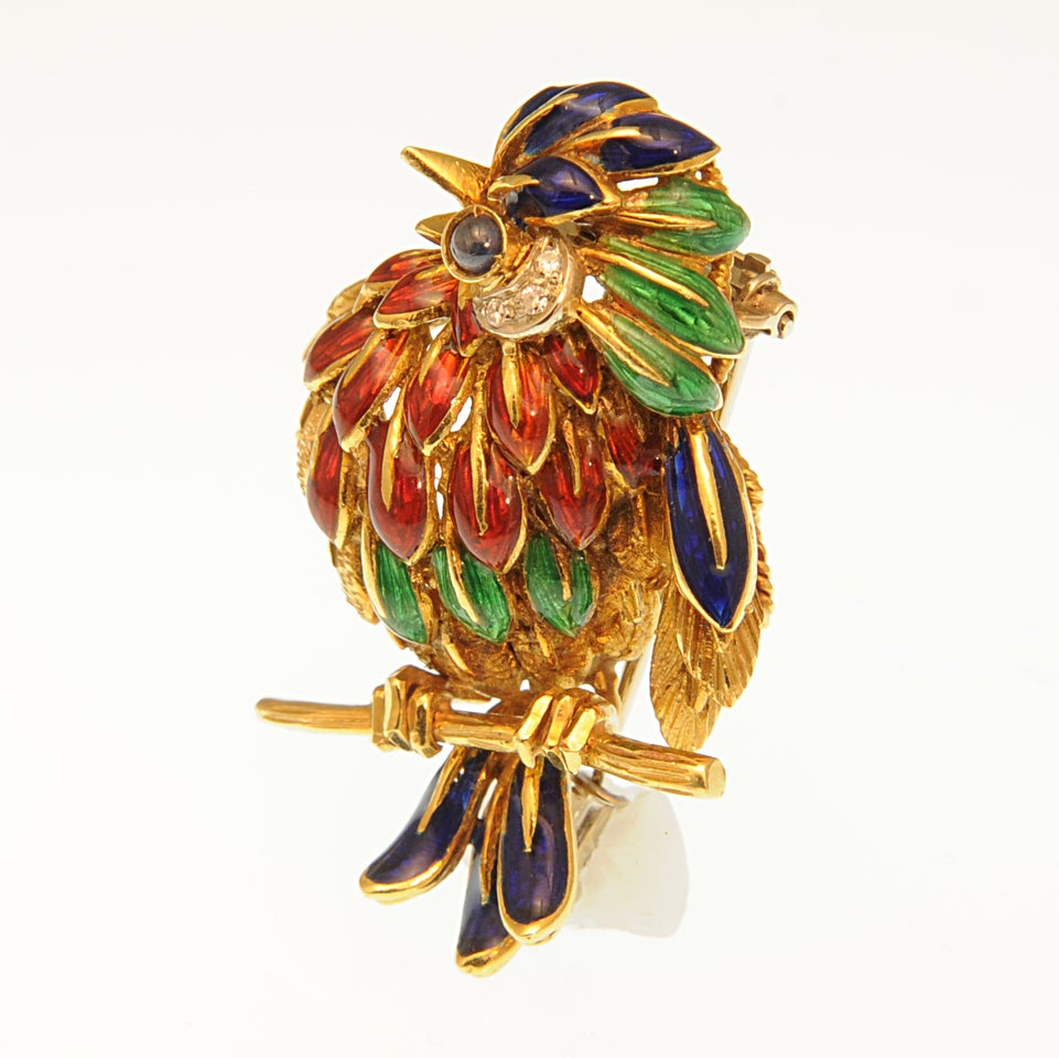 Colorful Enamel & Diamond Gold Bird on Branch Brooch 1