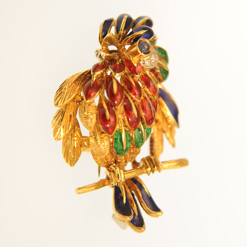 Colorful Enamel & Diamond Gold Bird on Branch Brooch 3