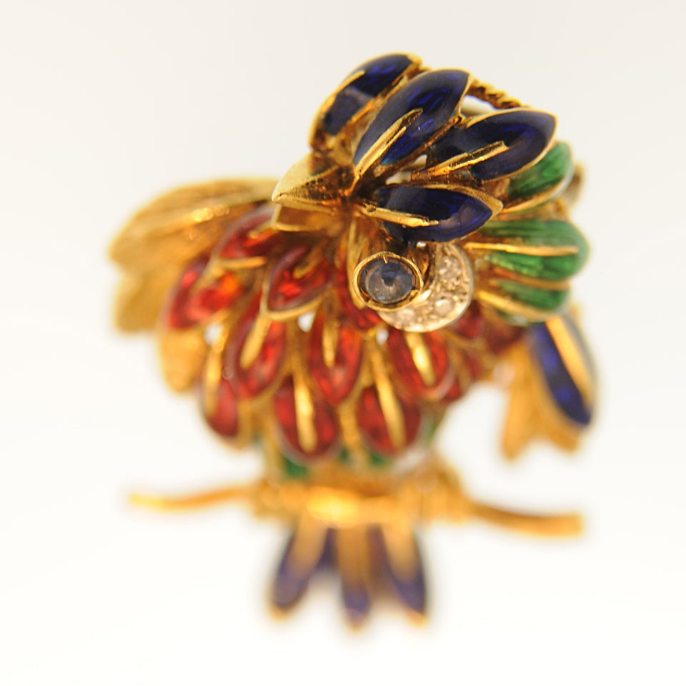 Colorful Enamel & Diamond Gold Bird on Branch Brooch 4