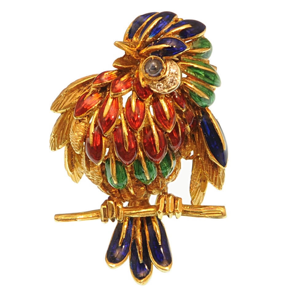 Colorful Enamel & Diamond Gold Bird on Branch Brooch