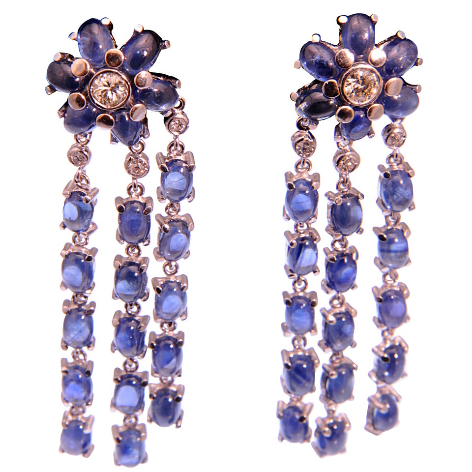 Dangling Sapphire and Diamond Gold Flower Earrings