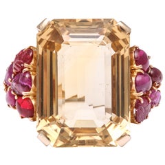 Vintage Citrine Ruby Yellow Gold Carved Ring