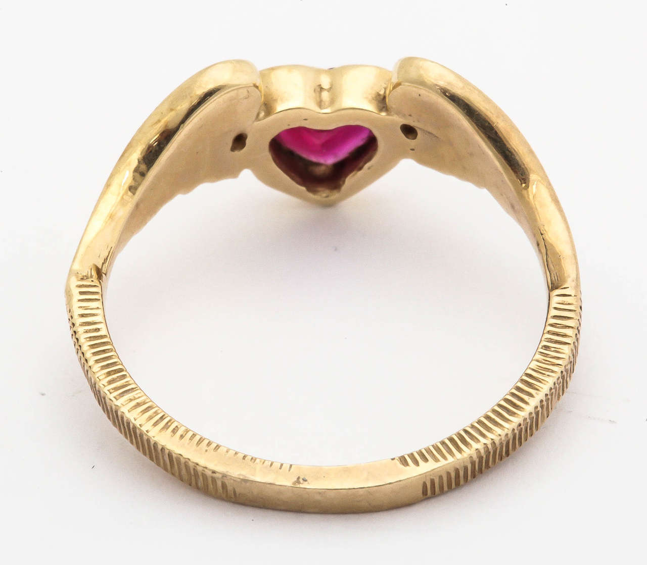 Heart Shaped Ruby Gold Wings Ring In New Condition For Sale In TRYON, NC