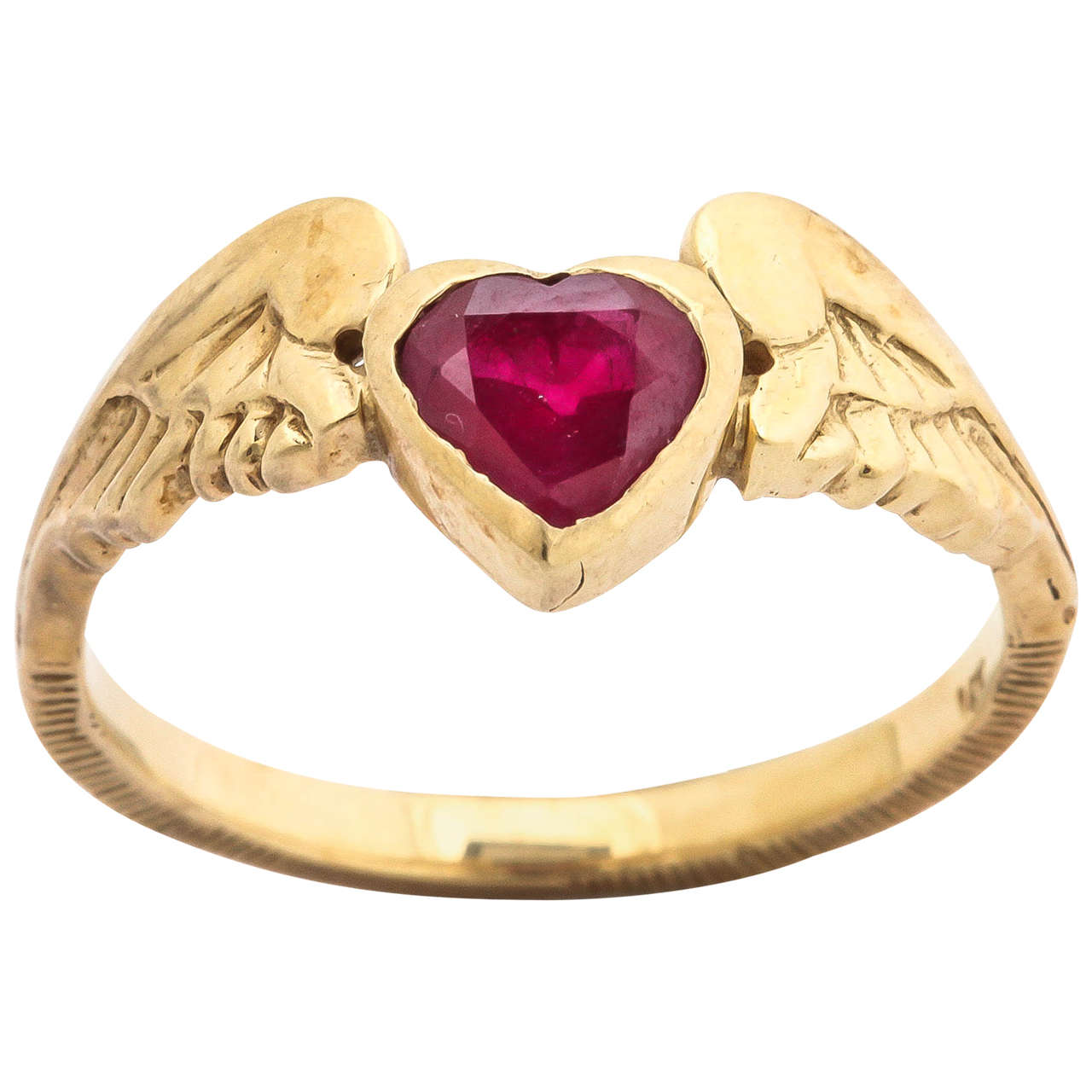 Heart Shaped Ruby Gold Wings Ring For Sale