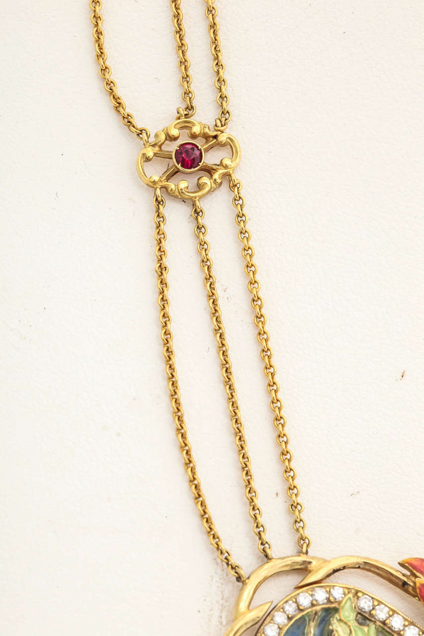 Art Nouveau Spectacular Plique-à-Jour Enamel Gold Horse Necklace For Sale
