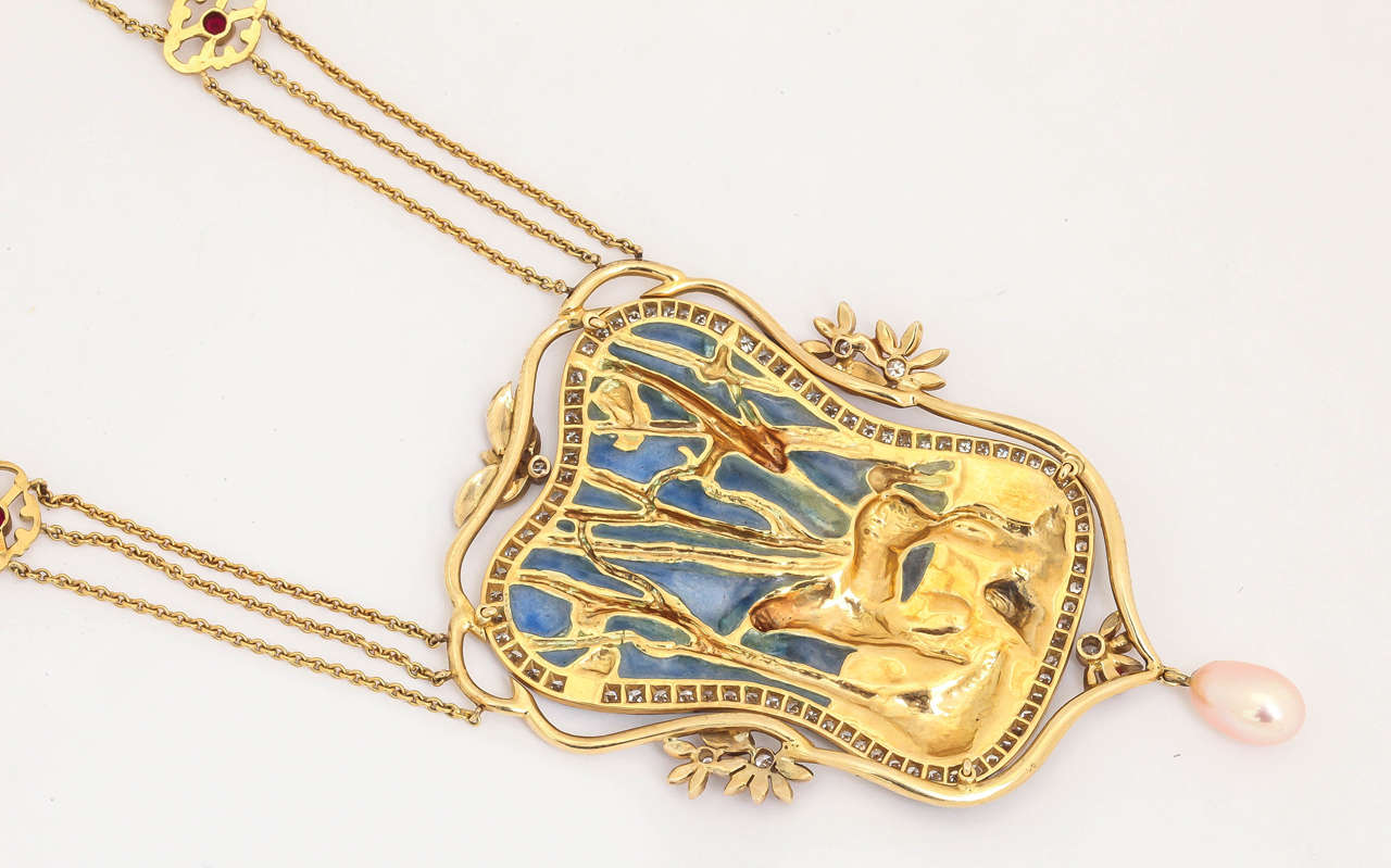Spectacular Plique-à-Jour Enamel Gold Horse Necklace For Sale 1