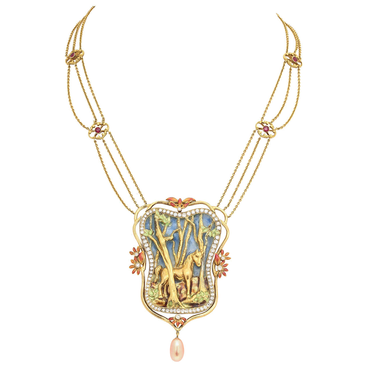 This one of a kind, museum quality necklace is breath taking. All in 18 kt gold, the horse stands among the trees in an enchanted forest under a blue plique-a-jour enamel sky. Plique-a-jour is French for "letting in daylight." It is the