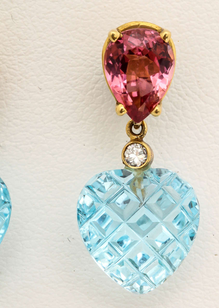 Contemporary Charming Pink Tourmaline Blue Topaz Heart Earrings For Sale