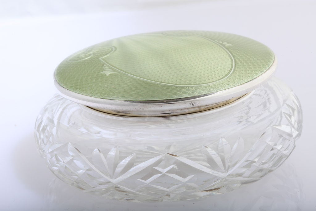 Sterling Silver, Crystal and Green Guilloche Enamel Powder Jar