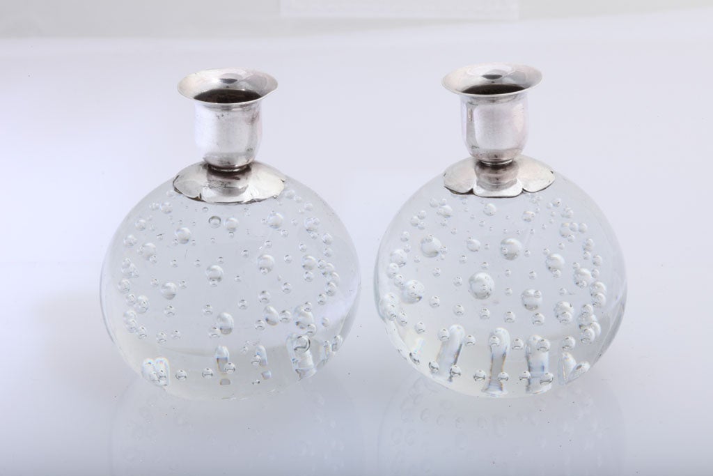 Pair of Sterling Silver-Mounted Controlled Bubbles Candlesticks