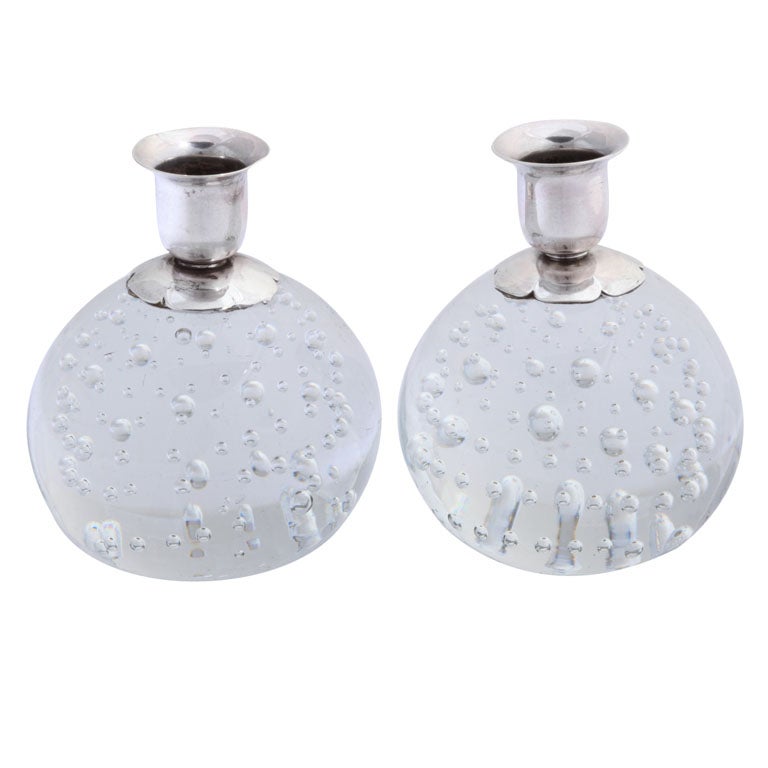 Pair of Sterling Silver-Mounted Controlled Bubbles Candlesticks