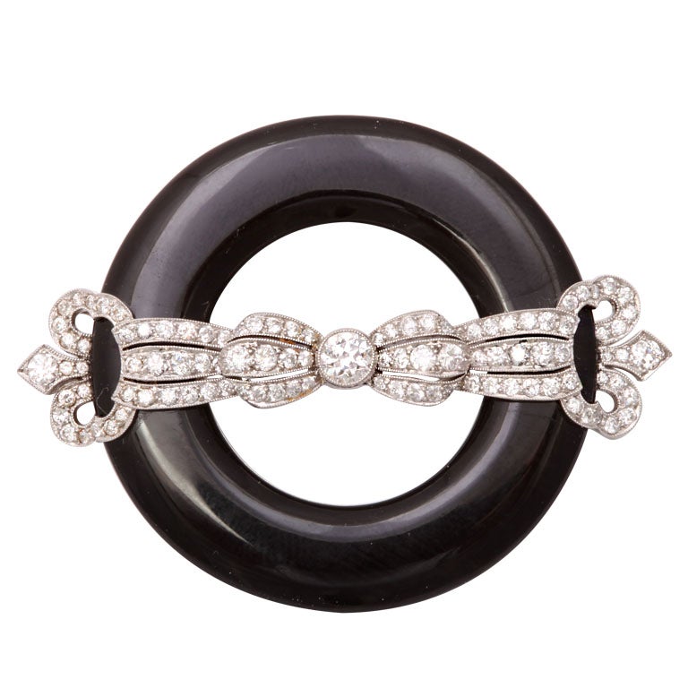 TIFFANY & CO. Onyx Diamond Platinum Circle Brooch