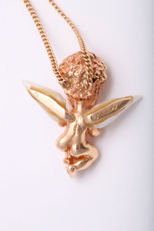 Women's Rare RUSER Child With Wings (ANGEL) Pearl Gold Necklace