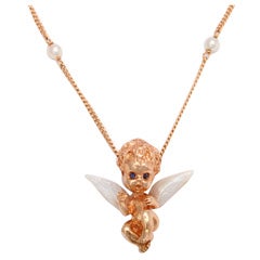 Rare RUSER Child With Wings (ANGEL) Pearl Gold Necklace