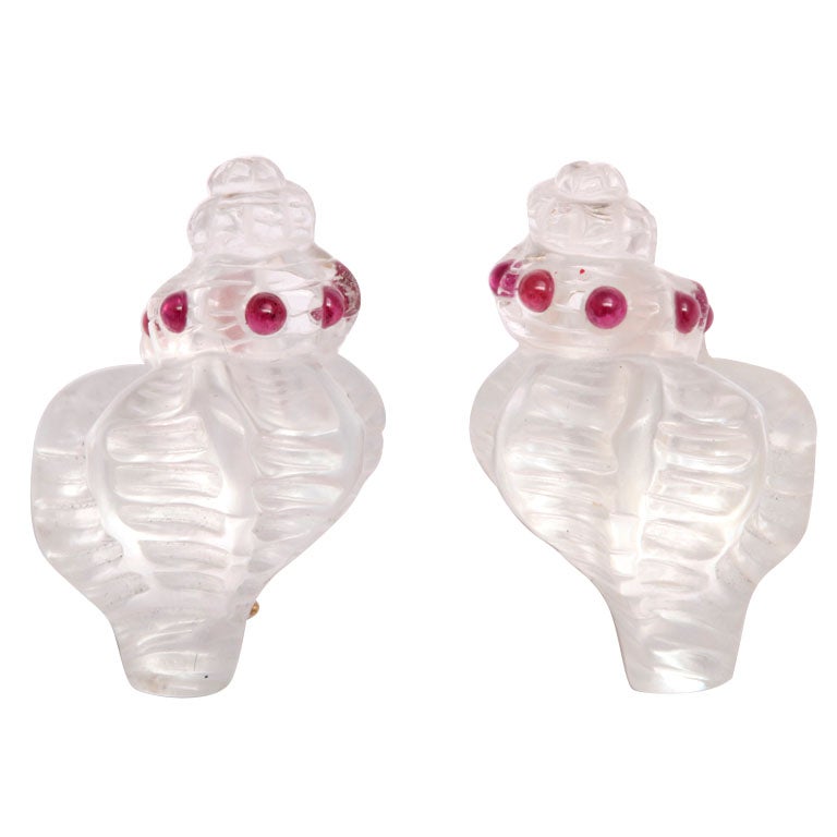 Hand-Carved Rock Crystal Shell Earrings with Garnet Accents For Sale
