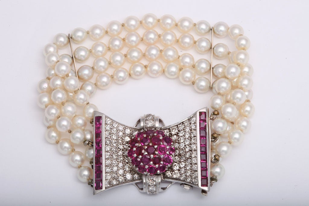 Retro Diamond and Ruby Bow Four Strands of Cultured Pearl Bracelet