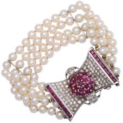 Stunning Retro Diamond Ruby Bow on Cultured Pearl Bracelet 9