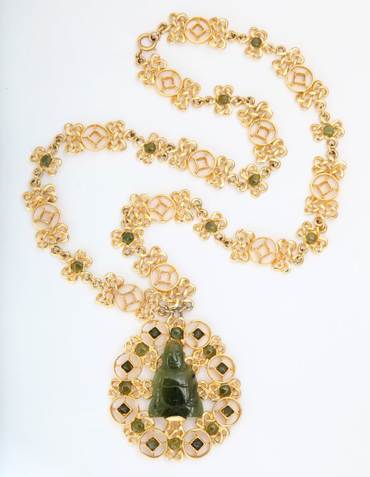Beautifully made, buddha (made of real jade) pendant and chain. Medallion is approximately 2.5 inches in diameter. Goldplated on base metal. Edward Swoboda started the jewelry company in 1956 in Los Angeles. He was known for using gemstones and
